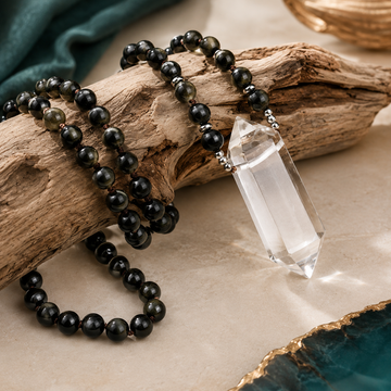 Gold Obsidian & Clear Quartz Point Mala