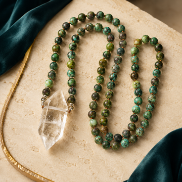 African Turquoise & Clear Quartz Point Mala